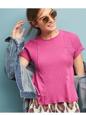 Maeve Anthropologie Ribbed Mixed Media Short Sleeve Top Pink XS